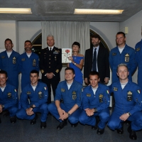 Foto Nicoloro G. 23/06/2016 Milano Prologo alla diciassettesima edizione de \' La Milanesiana \' con l\' intervento dell\' equipaggio delle Frecce Tricolori. nella foto il gruppo della pattuglia acrobatica con, da sinistra, il generale Settimo Caputo, Elisabetta Sgarbi e il ministro Dario Franceschini.