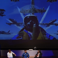 Foto Nicoloro G. 23/06/2016 Milano Prologo alla diciassettesima edizione de ' La Milanesiana ' con l' intervento dell' equipaggio delle Frecce Tricolori. nella foto un momento dell' intervista al comandante della pattuglia Jan Slangen, al centro, da parte dei giornalisti Nicola Porro, a sinistra, e Arnaldo Colasanti.