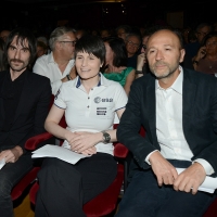 03/07/2017 Milano 18° edizione de ' La Milanesiana ' che quest' anno ha per tema ' Paura e Coraggio '. nella foto da sinistra il cantautore e scrittore Francesco Bianconi, l' astronauta Samantha Cristoforetti e lo scrittore Mauro Covacich.