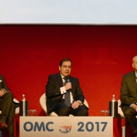 Foto Nicoloro G. 29/03/2017 Ravenna XIII edizione di OMC, Offshore Mediterranean Conference, evento biennale tra i piu' importanti in Europa, imperniato sulla ricerca e innovazione delle tecnologie offshore. nella foto da sinistra il Ceo di Edison Marc Benayoun, il ministro egiziano Tarek Al Molla e il Ceo di ENI Claudio Descalzi.