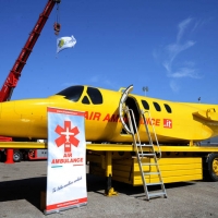 Foto Nicoloro G. 29/03/2017 Ravenna XIII edizione di OMC, Offshore Mediterranean Conference, evento biennale tra i piu' importanti in Europa, imperniato sulla ricerca e innovazione delle tecnologie offshore. nella foto un aereo ambulanza.