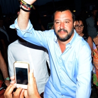 Foto Nicoloro G. 29/07/2017 Cervia ( Ravenna ) Comizio del segretario federale della Lega Nord alla Festa Nazionale Lega Nord Romagna. nella foto Matteo Salvini al suo arrivo in bicicletta.