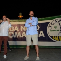 Foto Nicoloro G. 29/07/2017 Cervia ( Ravenna ) Comizio del segretario federale della Lega Nord alla Festa Nazionale Lega Nord Romagna. nella foto Matteo Salvini sul palco con il segretario nazionale Lega Nord Romagna Jacopo Morrone.
