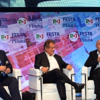 06/09/2018 Ravenna Festa Nazionale de l' Unita'. nella foto da sinistra Frans Timmermans, Antonio Di Bella e Marco Minniti.
