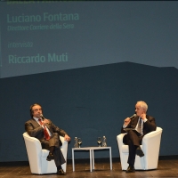 Foto Nicoloro G.20/05/2017 Ravenna Nell\' ambito della manifestazione itinerante \' Il Bello dell\' Italia \', organizzata dal Corriere della Sera, tappa a Ravenna con una serie di eventi tra i quali un\' intervista pubblica al maestro Riccardo Muti da parte del direttore del Corriere della Sera. nella foto un momento dell\' intervista del direttore del Corriere della Sera Luciano Fontana al maestro Riccardo Muti.