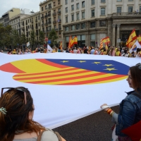 Foto Nicoloro G.   12/10/2017    Barcellona     Manifestazione con corteo degli unionisti per l' unita' della Spagna contro il progetto dell' indipendenza della Catalogna. nella foto lungo il corteo striscioni e cartelli per l' unita'.