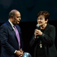 Foto Nicoloro G. 18/11/2018 Ravenna 47esima edizione del ' Premio Guidarello per il Giornalismo d' Autore '. nella foto Bruno Vespa e Carla Fabbri che dirige l' Istituto Friedrich Schurr premiato nella sezione audiovisivi del Guidarello Romagna.