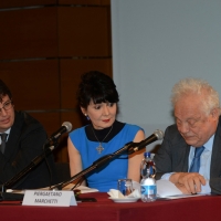 Foto Nicoloro G.   04/05/2016  Milano   Conferenza stampa di presentazione della diciassettesima edizione de ' La Milanesiana '. nella foto da sinistra l' assessore Filippo Del Corno, Elisabetta Sgarbi e il dirigente Rcs Piergaetano Marchetti.
