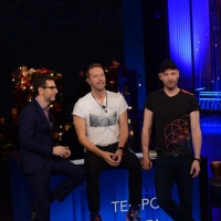Foto Nicoloro G. 13/11/2016 Milano Trasmissione televisiva su Rai 3 ' Che tempo che fa '. nella foto Fabio Fazio con Jonny Buckland e Chris Martin dei Coldplay.
