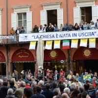 Foto Nicoloro G. 01/10/2017 Cesena ( Forli'-Cesena ) Visita di papa Francesco a Cesena. nella foto uno striscione riporta una frase del Pontefice.