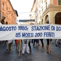 Foto Nicoloro G. 02/08/2016 Bologna, Trentaseiesimo anniversario della strage alla stazione di Bologna. nella foto Uno striscione lungo il corteo