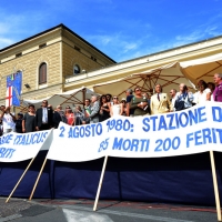Foto Nicoloro G. 02/08/2016 Bologna, Trentaseiesimo anniversario della strage alla stazione di Bologna. nella foto Uno striscione davanti al palco.