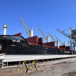 12/08/2022  Ravenna  E' approdata nel porto di Ravenna la prima nave proveniente dall' Ucraina con un carico di 15mila tonnellate di mais per uso zootecnico. nella foto la nave Rojen nel porto di Ravenna pronta per lo scarico delle 15mila tonnellate di mais per uso zootecnico.