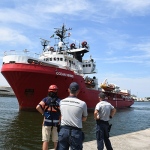 Foto Nicoloro G.   16/07/2025   Ravenna   E\' attraccata  al porto di Ravenna la nave ong Ocean Viking con a bordo soltanto 16 migranti salvati davanti alle coste libiche. nella foto la nave ong Ocean Viking.