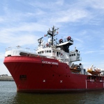 Foto Nicoloro G.   16/07/2025   Ravenna   E\' attraccata  al porto di Ravenna la nave ong Ocean Viking con a bordo soltanto 16 migranti salvati davanti alle coste libiche. nella foto la nave ong Ocean Viking.