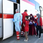 Foto Nicoloro G.   25/09/2023   Porto Corsini  ( RA )   Ha attraccato alla banchina di Porto Corsini (RA) la nave Life Support di Emergency con 28 migranti a bordo, di cui 11 adulti, nove donne e 8 minori accompagnati. La maggior parte di origine siriana e cinque libici. Appena sbarcati sono stati trasferiti su un autobus della Croce Rossa e portati all' ospedale di Ravenna per accertamenti e identificazione. nella foto i naufraghi appena sbarcati vengono accompagnati sull' autobus della Croce Rossa che li portera' all' ospedale di Ravenna per accertamenti accurati ed identificazione.