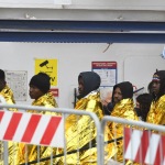 Foto Nicoloro G.   25/04/2023   Porto Corsini ( Ravenna )   E' attraccata al molo di Porto Corsini la MV Humanity 1 con a bordo 69 miigranti, di cui 39 provenienti dal Sudan, e i rimanenti da diversi paesi dell' Africa. Tra tutti si contano una sola donna e 20 minori non accompagnati. nella foto un gruppo di migranti in attesa di essere sbarcati.