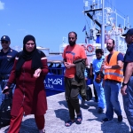 Foto Nicoloro G.   19/07/2024   Ravenna   E\' approdata nel porto di Ravenna la nave ong Aita Mari con a bordo 34 migranti dei quali 24 provenienti dalla Siria, 6 dal Bangladesh, 3 dall\' Egitto e 1 dalla Nigeria.. nella foto un momento dello sbarco.