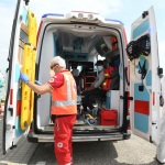Foto Nicoloro G.   25/05/2024   Ravenna   E\' approdata nel porto di Ravenna la nave ong Sea Eye con a bordo 52 migranti di cui 6 minori. nella foto il primo migrante che sbarca viene accompagnato all\' autoambulanza che lo portera\' in ospedale perche\' bisognoso di cure immediate.