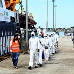 Foto Nicoloro G.   13/05/2025   Ravenna   E\' approdata nel porto di Ravenna la nave ong tedesca Humanity 1 con a bordo 125 migranti. Tra tutti anche 4 donne e circa 50 minori non accompagnati. La maggior parte provenienti dall\' Eritrea e dall\' Etiopia, ma anche dal Sudan, dall\' Efitto e dal Pakistan. Nei racconti dei migranti le testimonianze delle tante difficolta\' per sfuggire alle guerre prima e alle torture dei libici dopo. Alcuni hanno raccontato di essere stati rapiti e venduti come schiavi. nella foto un momento dello sbarco.