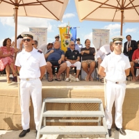 Foto Nicoloro G.  15/08/2012 Cervia (Ravenna)  Diciottesima edizione di ”Cervia, la spiaggia ama il libro“, tradizionale appuntamento di Ferragosto che vede gli scrittori sbarcare sulla spiaggia di Cervia portati da antiche barche a vela. nella foto Gli scrittori sul palco