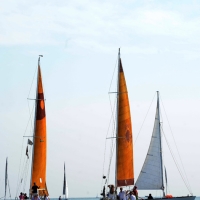 Foto Nicoloro G.  15/08/2015   Cervia ( Ravenna )  Ventitreesima edizione di \" Cervia, la spiaggia ama il libro \", con il tradizionale sbarco degli scrittori sulla spiaggia della cittadina romagnola. nella foto le barche storiche con gli scrittori si avvicinano alla riva per lo sbarco.