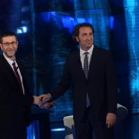 Foto Nicoloro G.  09/03/2014  Milano   Trasmissione televisiva su Rai 3 " Che tempo che fa ". nella foto Fabio Fazio e il regista premio Oscar Paolo Sorrentino.