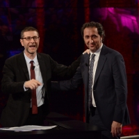 Foto Nicoloro G.  09/03/2014  Milano   Trasmissione televisiva su Rai 3 " Che tempo che fa ". nella foto Fabio Fazio accoglie in studio il regista premio Oscar Paolo Sorrentino.