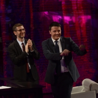 Foto Nicoloro G.  09/03/2014  Milano   Trasmissione televisiva su Rai 3 " Che tempo che fa ". nella foto Fabio Fazio accoglie in studio il presidente del Consiglio Matteo Renzi.