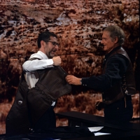 Foto Nicoloro G.  26/01/2014  Milano   Trasmissione televisiva su Rai 3 " Che tempo che fa ". nella foto Terence Hill regala a Fabio Fazio un gilet da cow-boy.