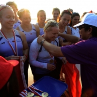 Foto Nicoloro G.  07/09/2014   Ravenna   Giornata conclusiva della nona edizione dell' IDBF,  Campionati Mondiali per club di Dragon Boat. Partecipano 27 nazioni, 5300 atleti, 129 club che gareggeranno nelle tre categorie Open maschili, femminili e misti. nella foto la premiazione delle atlete canadesi vincitrici nella loro categoria.