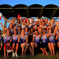 Foto Nicoloro G.  07/09/2014   Ravenna   Giornata conclusiva della nona edizione dell' IDBF,  Campionati Mondiali per club di Dragon Boat. Partecipano 27 nazioni, 5300 atleti, 129 club che gareggeranno nelle tre categorie Open maschili, femminili e misti. nella foto atlete del Canada esultano per la vittoria nella loro categoria.