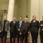 Foto Nicoloro G.   06/02/2023   Ravenna   Convegno sul tema \' Presenza e attualita\' di Ugo La Malfa \'. nella foto da sinistra Eugenio Fusignani, Stefano Bonaccini, Giorgio La Malfa, Michele de Pascale, Angelo Varni,  Claudia La Malfa e   Antonio Patuelli.