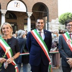 Foto Nicoloro G.   12/09/2021   Ravenna   Questa giornata segna il culmine delle celebrazioni dei 700 anni dalla morte di Dante. nella foto da sinistra l' assessore di Verona Francesca Briani, il sindaco di Ravenna Michele de Pascale e il sindaco di Firenze Dario Nardella.