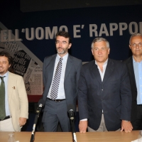 Foto Nicoloro G. 22/08/2012 Rimini Quarta giornata della trentatreesima edizione del Meeting di Rimini, organizzato da Comunione e Liberazione, dal titolo ” La natura dell’ uomo e’ rapporto con l’ infinito “. Tra i tanti dibattiti anche quello su ” Lombardia: discussione su presente e futuro ” al quale ha partecipato il governatore della Regione. nella foto L.M. Poiares Maduro – Marco Bardazzi – Antonio Tajani – Mario Mauro