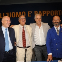 Foto Nicoloro G. 22/08/2012 Rimini Quarta giornata della trentatreesima edizione del Meeting di Rimini, organizzato da Comunione e Liberazione, dal titolo ” La natura dell’ uomo e’ rapporto con l’ infinito “. Tra i tanti dibattiti anche quello su ” Lombardia: discussione su presente e futuro ” al quale ha partecipato il governatore della Regione. nella foto Pierluigi Magnaschi – Lodovico Festa – Roberto Formigoni – Oscar Giannino