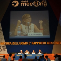 Foto Nicoloro G. 23/08/2012 Rimini Quinta giornata della trentatreesima edizione del Meeting di Rimini, organizzato da Comunione e Liberazione, dal titolo " La natura dell' uomo e' rapporto con l' infinito ". Tra i tanti dibattiti un dal titolo " Giovani e crisi: fine di un mondo o inizi di un altro ". nella foto Elsa Fornero e il tavolo degli oratori