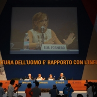 Foto Nicoloro G. 23/08/2012 Rimini Quinta giornata della trentatreesima edizione del Meeting di Rimini, organizzato da Comunione e Liberazione, dal titolo " La natura dell' uomo e' rapporto con l' infinito ". Tra i tanti dibattiti un dal titolo " Giovani e crisi: fine di un mondo o inizi di un altro ". nella foto Elsa Fornero e il tavolo degli oratori