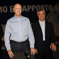 Foto Nicoloro G. 20/08/2012 Rimini Trentatreesima edizione del Meeting di Rimini, organizzato da Comunione e Liberazione, dal titolo ” La natura dell’ uomo e’ rapporto con l’ infinito “. nella foto Corrado Passera – Mauro Moretti