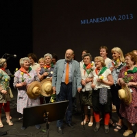 Foto Nicoloro G. 26/06/2013 Milano Ottava giornata della quattordicesima edizione de " La Milanesiana " che ha per tema " Il segreto ". nella foto le Mondine di Novi – Umberto Eco
