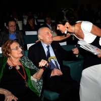 Foto Nicoloro G.  23/06/2014  Milano   Quindicesima edizione de " La Milanesiana " che quest' anno ha per tema la " Fortuna ". nella foto Elisabetta Sgarbi saluta i genitori mamma Rina e papà Giuseppe.