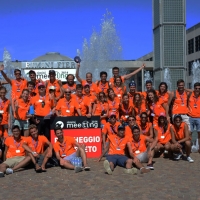 Foto Nicoloro G.   29/08/2014  Rimini      Sesta giornata della XXXV edizione del Meeting per l' amicizia fra i popoli. nella foto un gruppo dei circa 3000 volontari che in maniera determinante partecipano alla riuscita del Meeting.