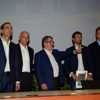 Foto Nicoloro G.   29/08/2014  Rimini      Sesta giornata della XXXV edizione del Meeting per l' amicizia fra i popoli. nella foto da sinistra il commissario Expo 2015 Giuseppe Sala, Cristiano Radaelli commissario straordinario ENIT, il governatore Roberto Maroni, il sindaco di Rimini Andrea Gnassi e M. Borghesi.