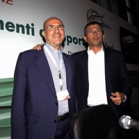 Foto Nicoloro G.   26/08/2014  Rimini     Terza  giornata della XXXV edizione del Meeting per l' amicizia fra i popoli. nella foto l' a.d. di Ferrovie dello Stato Michele Elia, a sinistra, e il ministro Maurizio Lupi, che hanno firmato l' accordo tra MIT e FS per la progettazione di collegamenti alta velocità con aeroporti.