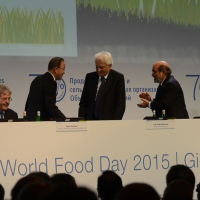 Foto Nicoloro G.   16/10/2015    Milano  In occasione della Giornata Mondiale dell' Alimentazione si e' svolto in Expo un incontro al quale hanno preso parte il Capo di Stato e il segretario generale delle Nazioni Unite. nella foto da sinistra il ministro Paolo Gentiloni, il segretario delle N U Ban Ki-moon, il Presidente Sergio Mattarella e il direttore generale FAO Jose' G. Da Silva.