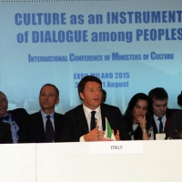 Foto Nicoloro G.  31/07/2015   Milano    Nell' ambito di Expo 2015 si svolge la Conferenza Internazionale dei ministri della Cultura di piÃ¹ di 80 paesi presenti. nella foto  da sinistra Giuseppe Sala, Matteo Renzi e Dario Franceschini.
