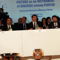 Foto Nicoloro G.  31/07/2015   Milano    Nell' ambito di Expo 2015 si svolge la Conferenza Internazionale dei ministri della Cultura di piÃ¹ di 80 paesi presenti. nella foto  da sinistra Giuseppe Sala, Matteo Renzi e Dario Franceschini.
