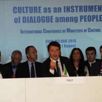 Foto Nicoloro G.  31/07/2015   Milano    Nell' ambito di Expo 2015 si svolge la Conferenza Internazionale dei ministri della Cultura di piÃ¹ di 80 paesi presenti. nella foto  da sinistra Giuseppe Sala, Matteo Renzi e Dario Franceschini.