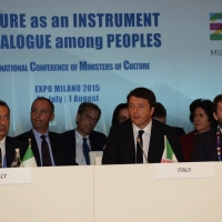 Foto Nicoloro G.  31/07/2015   Milano    Nell' ambito di Expo 2015 si svolge la Conferenza Internazionale dei ministri della Cultura di piÃ¹ di 80 paesi presenti. nella foto  da sinistra Giuseppe Sala, Matteo Renzi e Dario Franceschini.