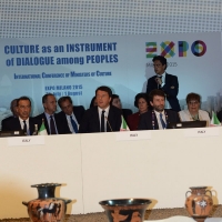 Foto Nicoloro G.  31/07/2015   Milano    Nell' ambito di Expo 2015 si svolge la Conferenza Internazionale dei ministri della Cultura di piÃ¹ di 80 paesi presenti. nella foto  da sinistra Giuseppe Sala, Matteo Renzi e Dario Franceschini.